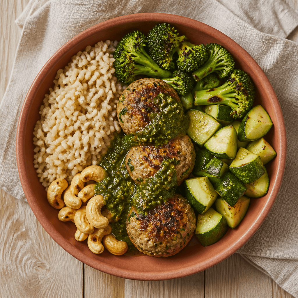 Keftedes de dinde au épinard - sauce pistou - riz complet et légumes vert